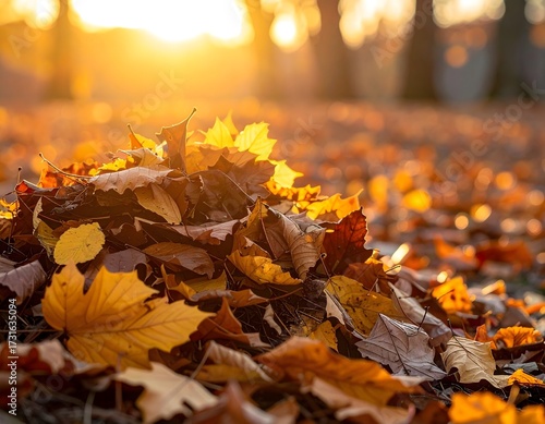 pile of dry leaves collected as organic waste, brown and yellow in color, placed on the ground outdoors