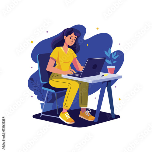 Woman typing on laptop at desk with plant and starry background