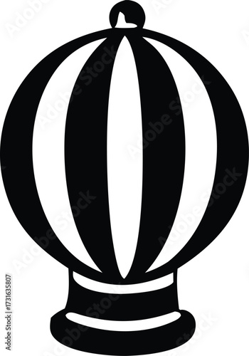 Simple line art graphic of a hot air balloon emblem featuring vertical stripes and a small basket detailed design