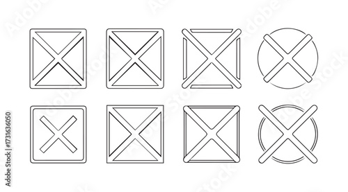 Collection of eight simple cross mark icons in various shapes and styles silhouette