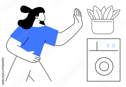 Woman raising a hand in a stop gesture, next to a succulent plant in a pot and a front-load washing machine. Ideal for concepts of boundaries, chores, eco-living, minimalism, balance, self-care