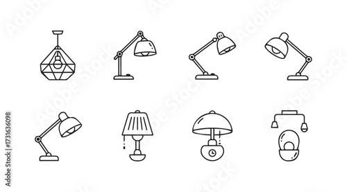 Collection of various desk and pendant lamp silhouettes in a hand drawn style