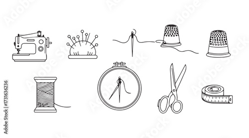 Collection of sewing and tailoring tools in a charming black and white silhouette style