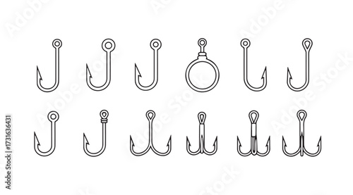 Collection of various fishing hooks in a simple line art silhouette style
