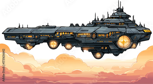 a stylized spaceship flying through the sky during sunset