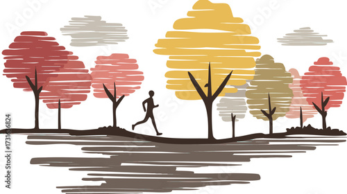 a silhouette of a person running through a landscape filled with colorful trees