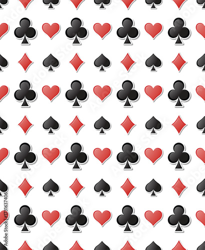 A stylish, repeating pattern of playing card suit symbols (hearts, diamonds, clubs, spades) in red and black on white. Perfect for backgrounds, gambling, or celebration designs