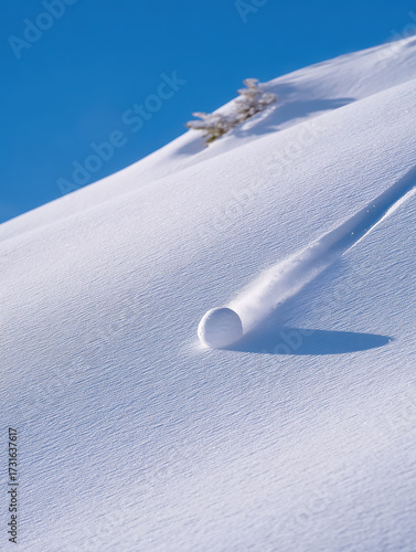 Snowball rolling downhill creates dynamic motion in fresh snow