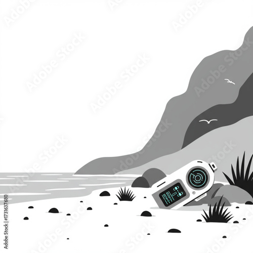 Futuristic Device Washed Ashore on Remote Beach – Vector Illustration