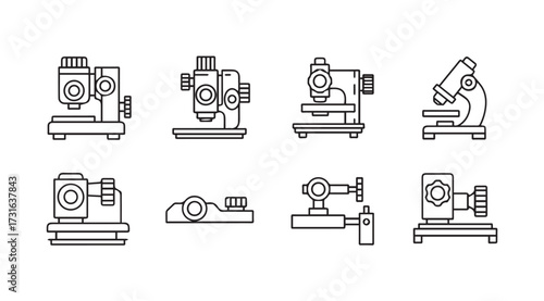 Collection of various scientific laboratory microscope icons in a clean silhouette style