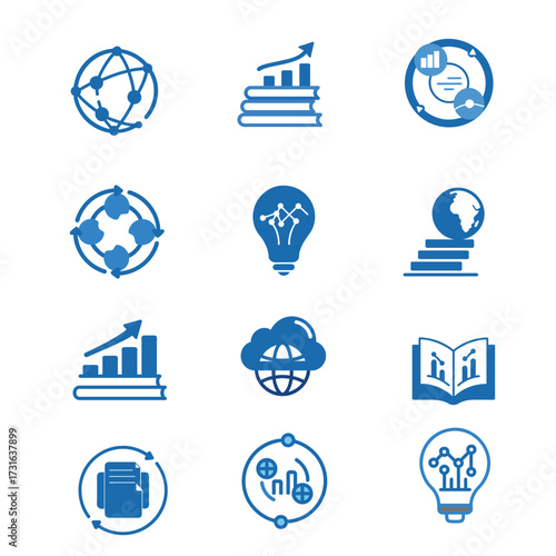  World Development Information Day Icon Set – Data, Global Knowledge, Minimalist Vector Icons
