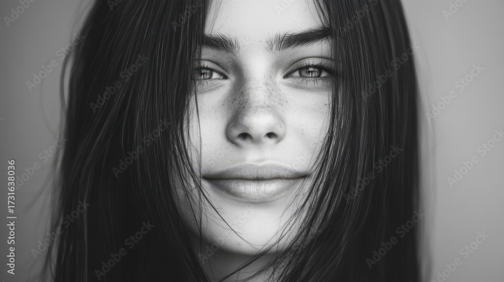 Fototapeta premium Portrait of a smiling young woman with long hair and expressive eyes against a neutral background