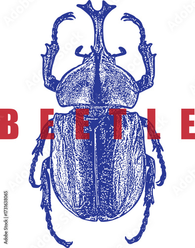 Blue Rhinoceros Beetle Retro Design Stipple Illustration. Red Text Insect Graphic for Apparel or Logo. Vintage Entomology Art. Isolated on White.