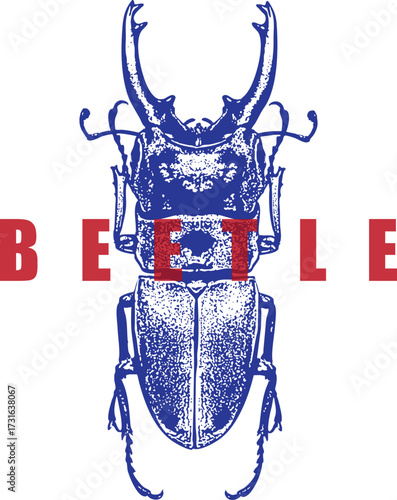 Stag Beetle Retro Woodcut Style Illustration. Blue Insect Graphic with Large Mandibles. Red Text, High Contrast Entomology Art. Isolated on White Background.