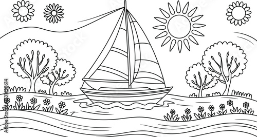 Black and white drawing of a sailboat on water with sun and trees ship