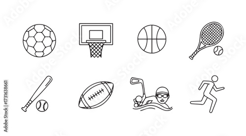 Collection of sports equipment and athlete icons in silhouette