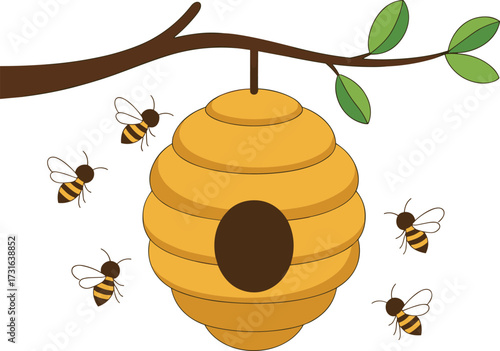 Beehive hanging from tree branch with green leaves, five bees buzzing around entrance, yellow layered hive, nature pollination, educational vector illustration