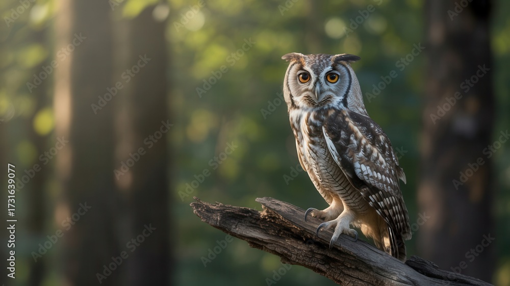 Obraz premium Owl Perched on Tree Branch in Forest Light