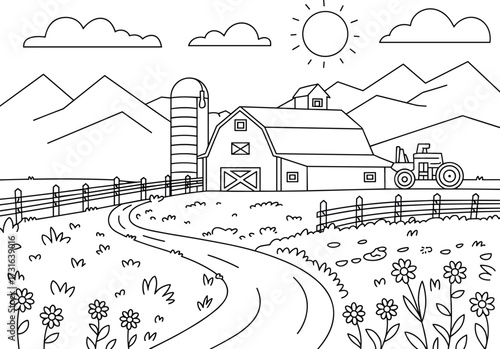 Black and white line drawing of a farm landscape with barn, silo, tractor, and mountains vector