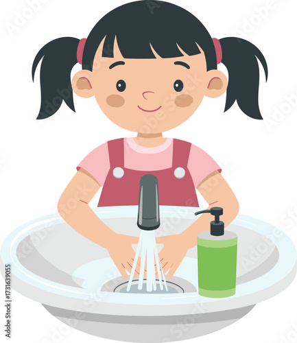 Cartoon child washing hands, hygiene education for kids, handwashing illustration, clean habits, bathroom sink, soap dispenser, health awareness, vector art