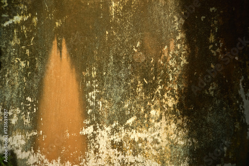 Abstract Rusty Wall Background with Yellow, White, and Green Stains