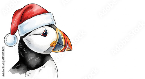 Santa hat wearing puffin illustration with white background  