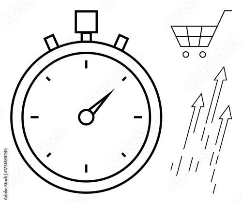 Stopwatch to signify speed, shopping cart for e-commerce, and upward arrows for growth. Ideal for business, productivity, online shopping, time management, growth sales efficiency. Simple flat