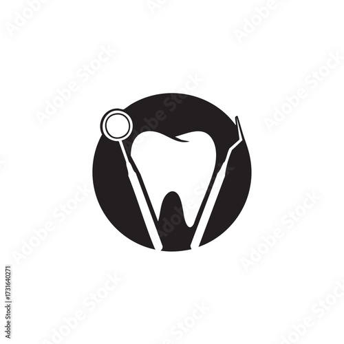 A clean white tooth icon with essential dental tools in a black circle represents professional oral hygiene and dental care services.