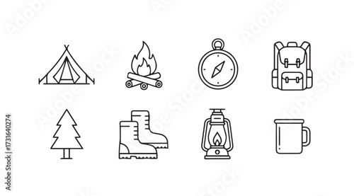 Collection of camping and outdoor adventure icons in a clean silhouette style
