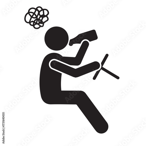 A simple black and white stick figure drawing. It shows a person sitting down, looking frustrated, with a tangled line symbol above their head indicating confusion or stress.