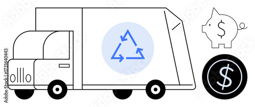 Recycling truck with circular arrows, piggy bank, and coin represent waste management, sustainability, cost reduction. Ideal for eco-business, finance, environment, supply chain logistics economy