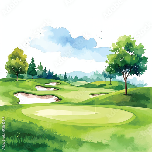 Golf Course Drawing Realistic Watercolor Illustration on White Background