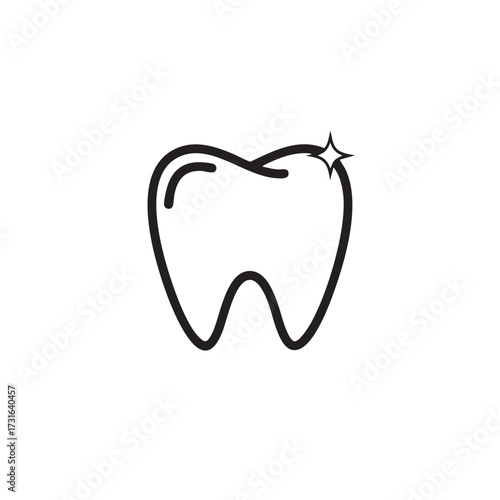 A minimalist black outline icon depicts a sparkling clean human tooth, symbolizing excellent oral hygiene, dental health, and professional dental care services.