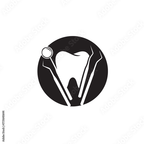 A sleek, minimalist black and white logo design featuring a healthy white tooth flanked by essential dental instruments, perfect for dental clinics and oral health.