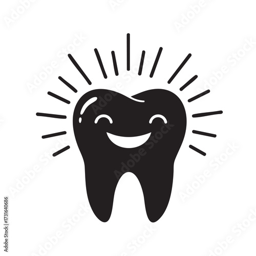 A cheerful, shining tooth with a happy smile radiates good oral hygiene and dental health in this charming black and white illustration.