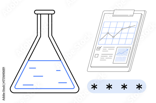 Laboratory flask with liquid, clipboard showing data trends and graphs, and password protection symbol. Ideal for science, research, analytics, education, security, innovation simple flat metaphor