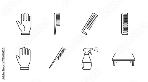 Collection of simple line art icons representing hairdressing tools and supplies silhouette
