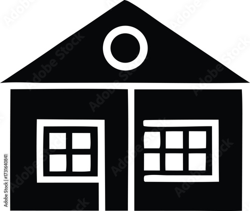 Simple black silhouette of a two-story house with windows and a circular attic vent icon