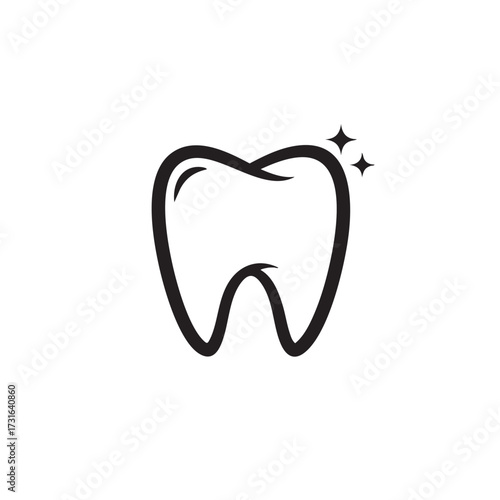 A clean, minimalist black outline icon of a sparkling, healthy tooth, representing excellent dental care, hygiene, and a radiant, fresh smile on a pure white background.