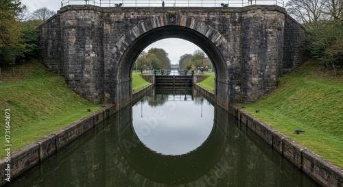 Stone arch bridge over canal with green grass and water reflection daytime scenic view