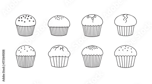 Eight hand drawn cupcakes in a silhouette style collection