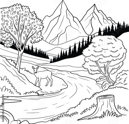 Deer by a winding river in a mountainous landscape with trees animal wildlife