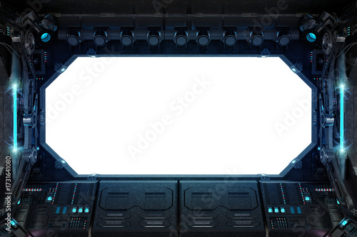 Fototapeta Naklejka Na Ścianę i Meble -  Grunge dark spaceship cockpit with isolated cut out transparent window. Futuristic black starship interior with glowing lights. 3D rendering
