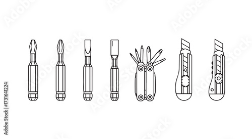 Collection of various cutting tools and utility knives in silhouette