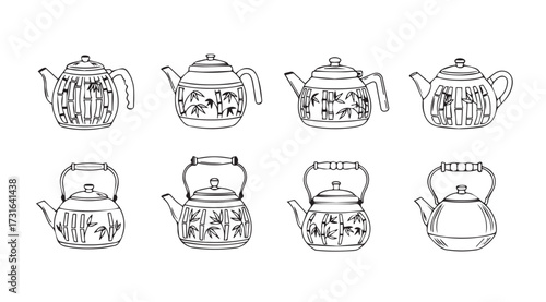 Collection of ornate vintage teapots in a distinctive sketch silhouette style