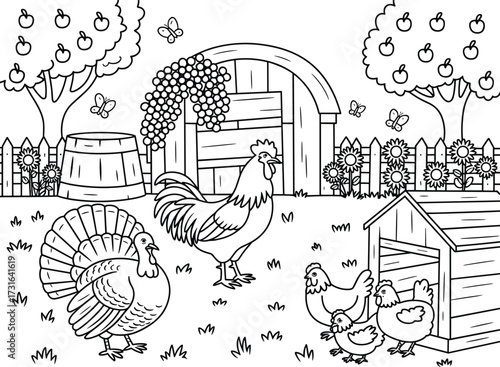 Farmyard scene with turkey rooster chickens and barn for coloring coop
