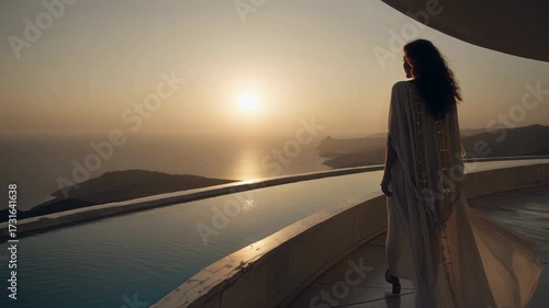 Beautiful brunette woman in a flowing dress walking along a curved infinity pool, enjoying the golden sunset over the sea from a modern terrace, embodying a moment of tranquil luxury