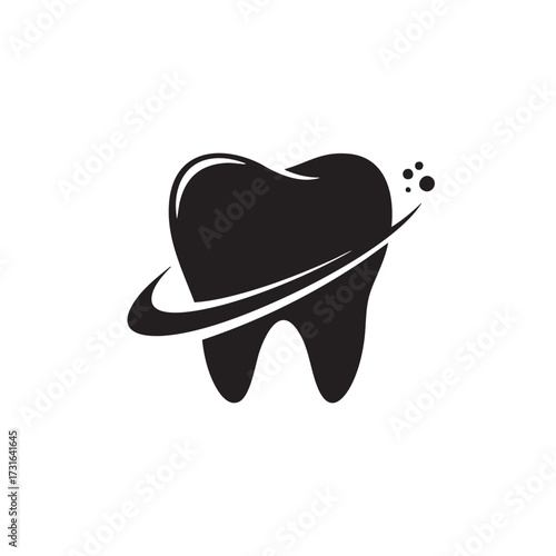 A sleek, modern black tooth icon with a dynamic arc and sparkling elements symbolizes professional dental care, oral hygiene, and a healthy, bright smile.
