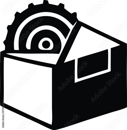 Iconic symbol of a saw blade emerging from an open box representing diy projects manufacturing assembly construction and tools for creation
