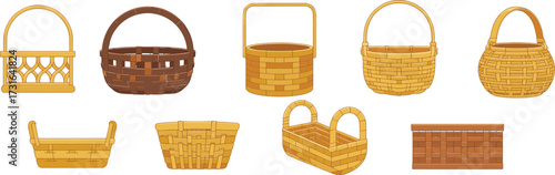 Collection of wicker baskets vector illustration, traditional handmade basket designs with different shapes, styles, weaving patterns, storage containers, kitchen, picnic use